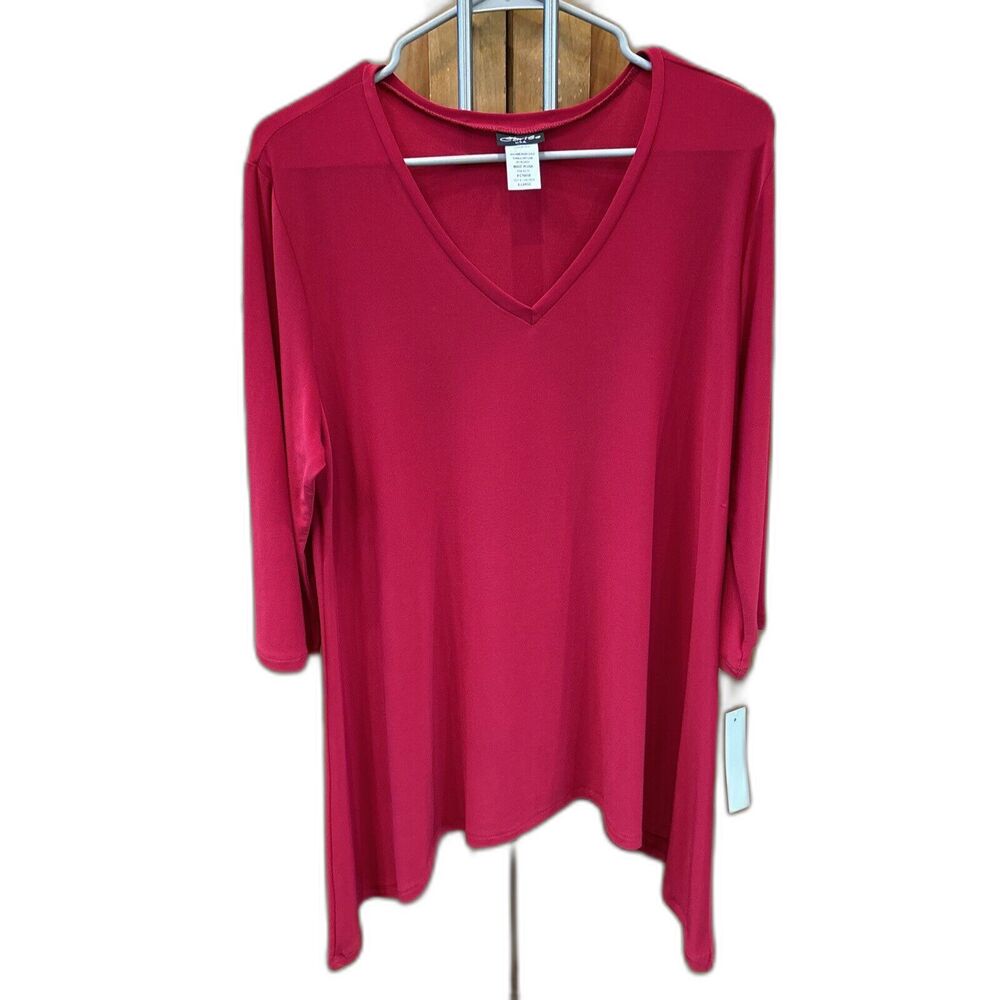 Caribe Red 3/4 Sleeve V Neck Tunic Top XL Pullover Asymmetrical Hem Stretch New